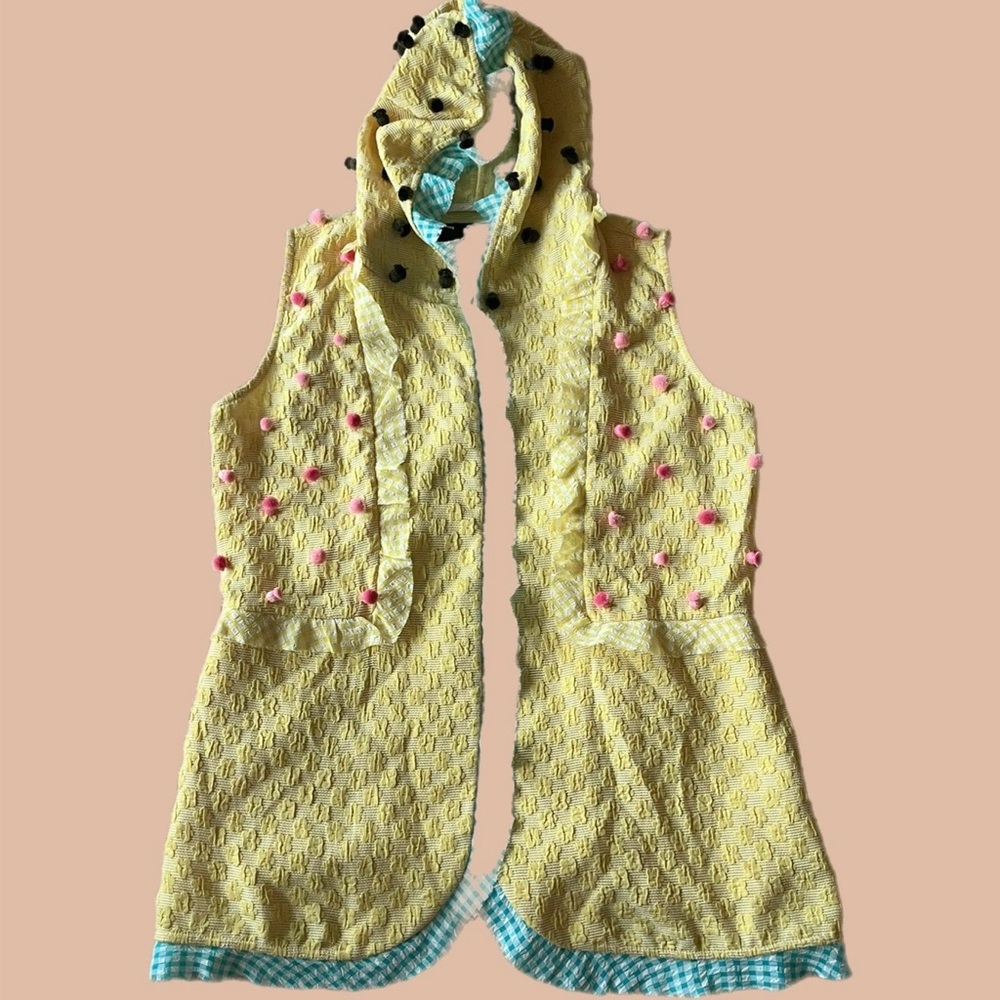 Yellow Sleeveless Hooded Vest with Pom Poms
